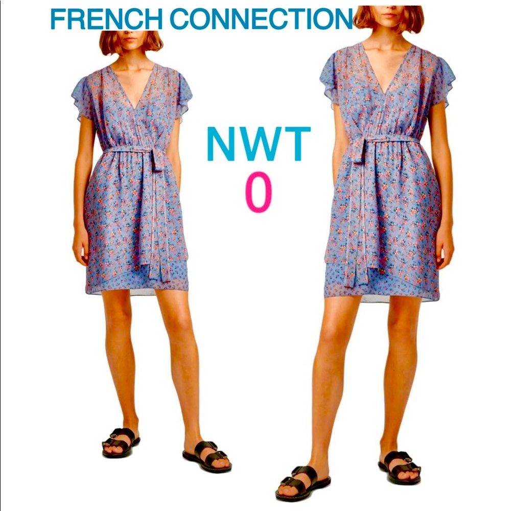 NWT FRENCH CONNECTION v neck waisted chiffon dress dusty blue mini fleur pink